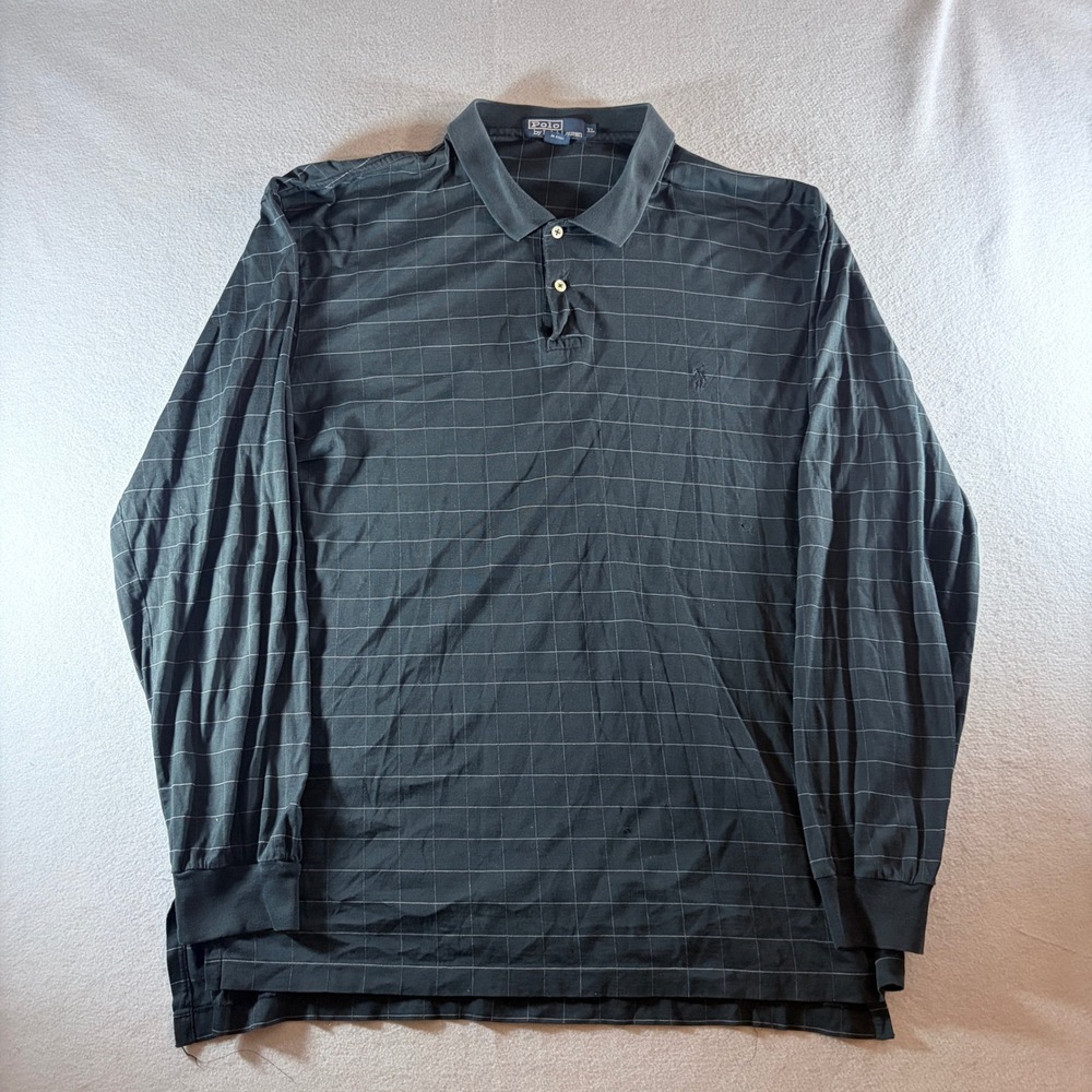Polo Ralph Lauren Mens XL Black Windowpane Grid Long Sleeve Polo Shirt Pony Logo